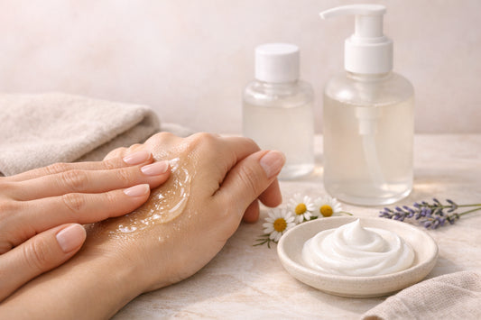 Double nettoyage en clean beauty : mains avec huile démaquillante et texture de nettoyant doux, ambiance pastel