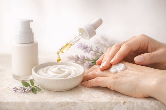 Flacon sérum neutre, goutte d’huile et texture crème avec mains et plantes pastel, évoquant le bakuchiol