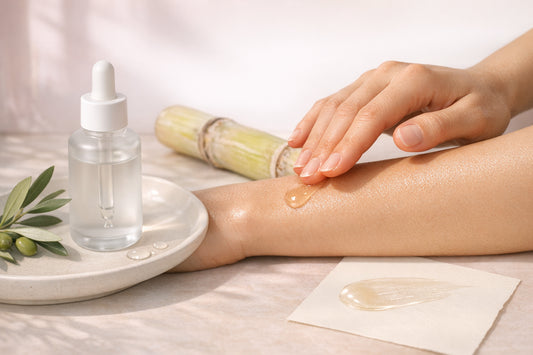Gros plan peau hydratée et goutte d’huile squalane avec flacon neutre, ambiance clean beauty pastel
