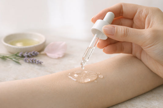 Main et sérum exfoliant sur peau avec lavande, ambiance clean beauty pour bien utiliser l’acide salicylique