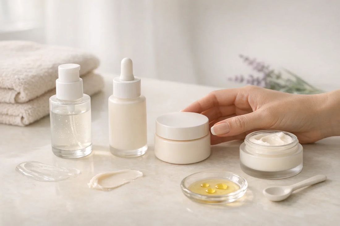 Produits clean beauty alignés en 4 étapes sur un comptoir pastel, illustrant la routine skin cycling