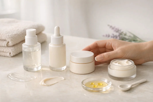 Produits clean beauty alignés en 4 étapes sur un comptoir pastel, illustrant la routine skin cycling