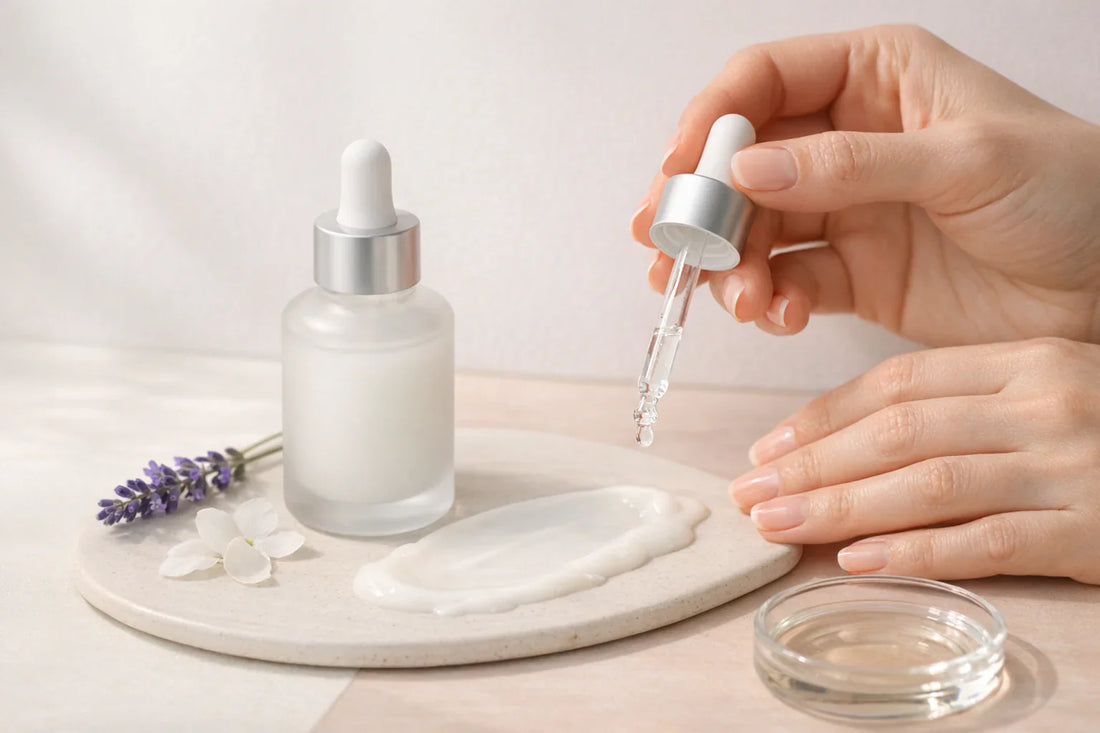 Flacon sérum pipette et texture crème, mains et lavande en palette pastel, illustrant la niacinamide