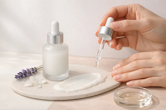 Flacon sérum pipette et texture crème, mains et lavande en palette pastel, illustrant la niacinamide