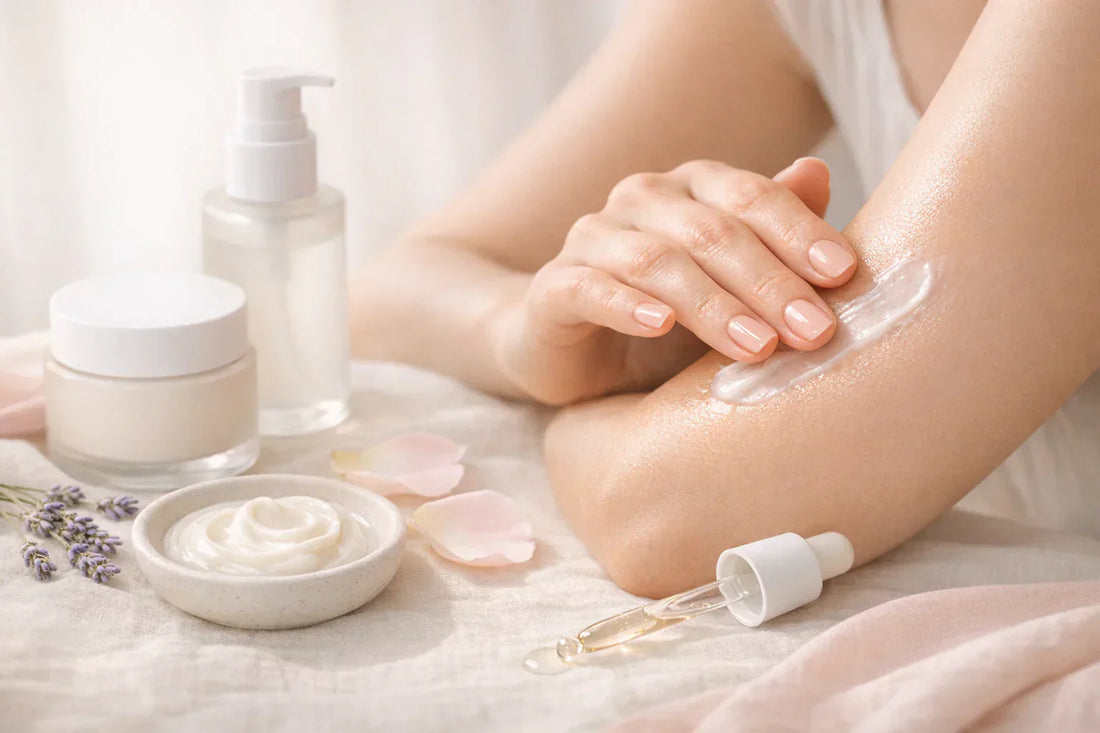 Mains appliquant une crème aux céramides sur la peau, ambiance clean beauty pastel, barrière cutanée apaisée