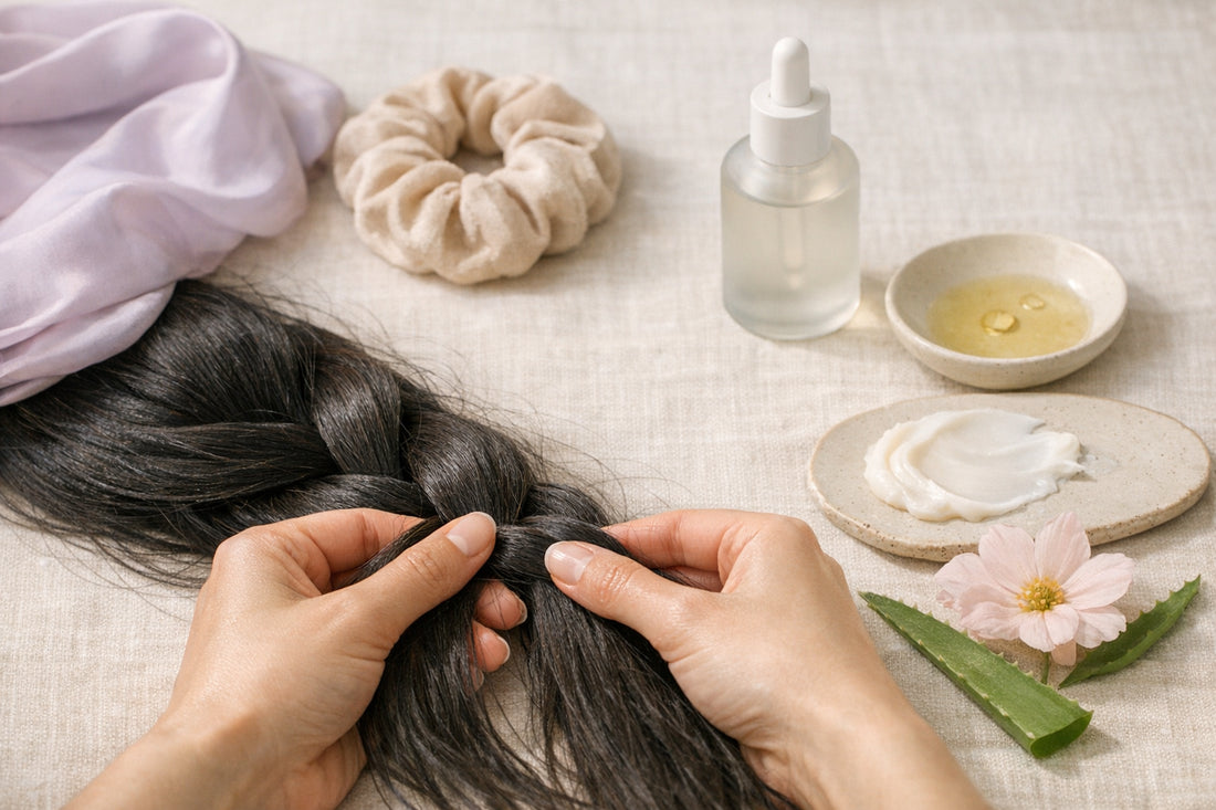 Mains réalisant une tresse low tension avec accessoires satin et huile, pour coiffures protectrices anti-casse