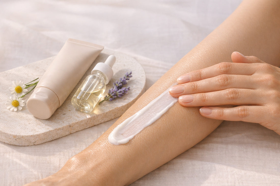 Mains appliquant une crème solaire sur l’avant-bras, ambiance clean beauty pastel pour illustrer UVA/UVB