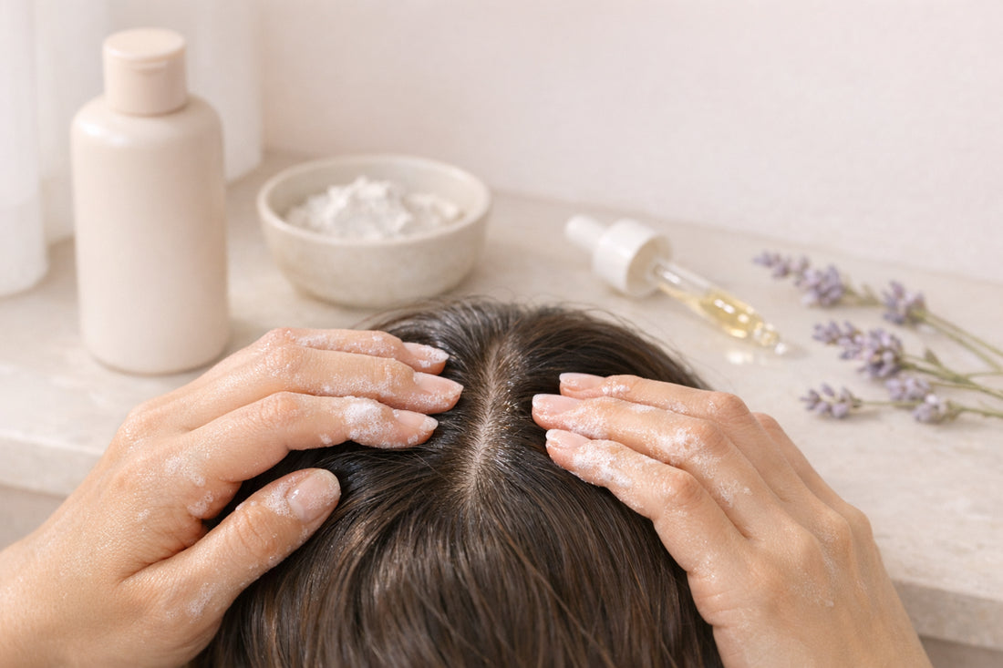 Mains séparant les racines et cuir chevelu, shampooing doux et ingrédients clean en tons pastel