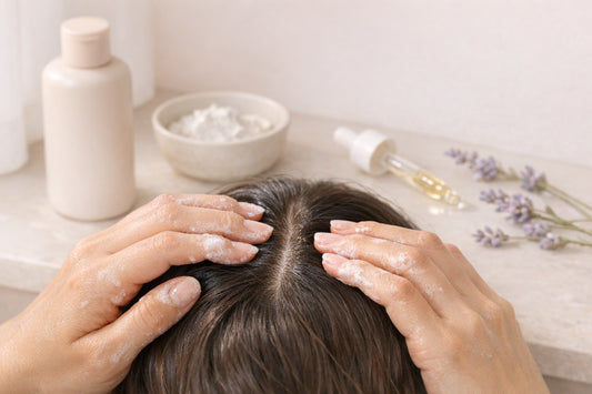 Mains séparant les racines et cuir chevelu, shampooing doux et ingrédients clean en tons pastel